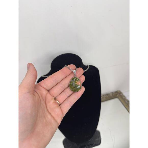 Unakite Jasper Gemstone Pendant Sterling Silver Serpentine Necklace Chain Adjus - Picture 4 of 9